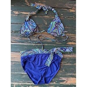 Tommy Bahama Blue Paisley Triangle Bikini Set Halter Top Sash Bottoms Small